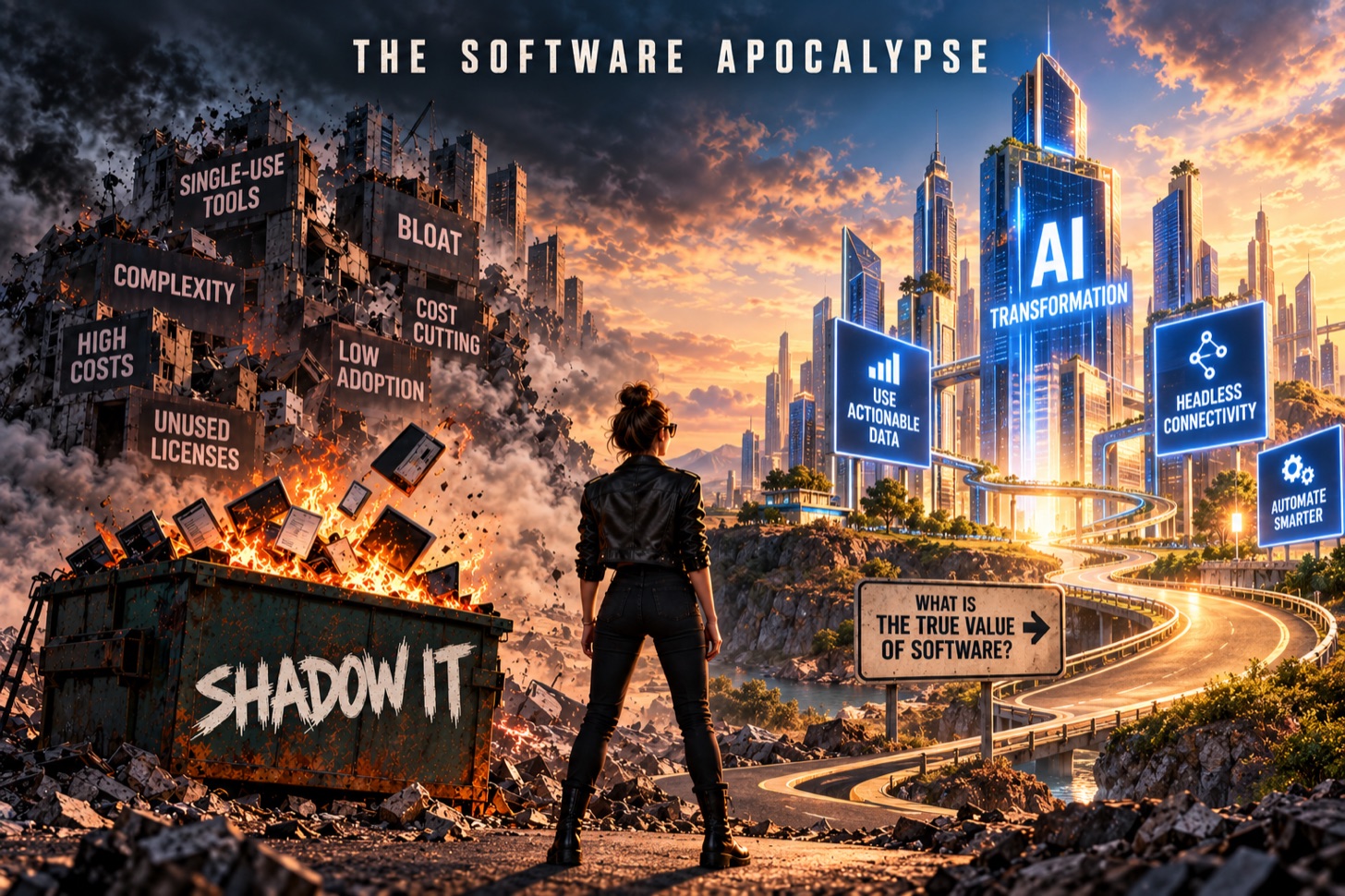 The Software Apocalypse: a burning dumpster of SaaS sprawl, shadow IT, bloat, and unused licenses on one side, and an AI-transformed city on the other